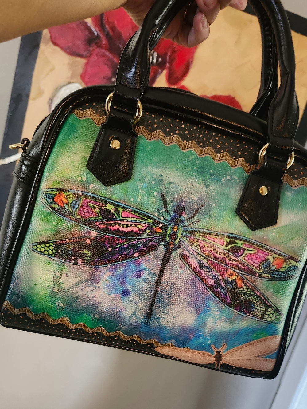 Colorful Dragonfly Print Satchel Handbag .